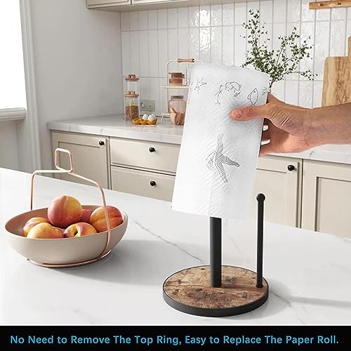 OROPY Paper Towel Holder Countertop, Heavy Duty Wood Base, Farmhouse Style | Paper Towel Holder Countertop with Weighted Base for Kitchen, fits Standard & Jumbo Size Paper Towels, Brown - Easy to Tear
