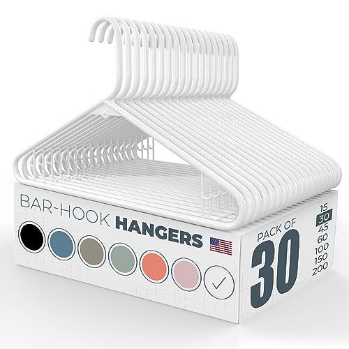 Plastic Hangers 30 Pack – Made in the USA – 6lb Capacity Standard Clothes Hangers with Strap Hooks for Dresses, Lingerie, Shirts, Pants, and Jackets – White
