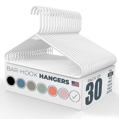 Plastic Hangers 30 Pack – Made in the USA – 6lb Capacity Standard Clothes Hangers with Strap Hooks for Dresses, Lingerie, Shirts, Pants, and Jackets – White