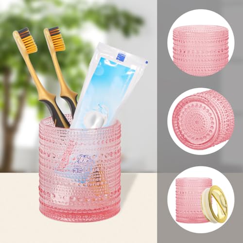 Pink Glass Toothbrush Holder, Bathroom Toothbrush Holder Set, 2pcs 10oz Tumbler Cup, Toothbrush and Toothpaste Holder with Gold Divider, Bathroom Storage Canisters Organizer for Decor
