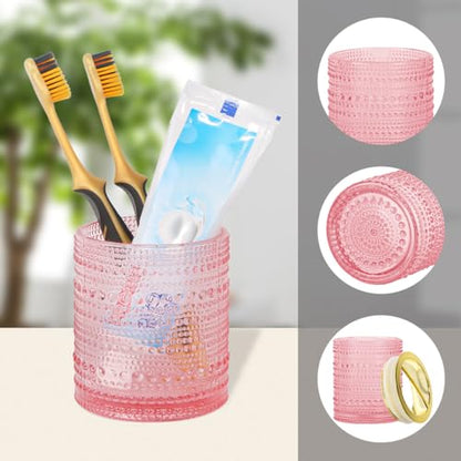 Pink Glass Toothbrush Holder, Bathroom Toothbrush Holder Set, 2pcs 10oz Tumbler Cup, Toothbrush and Toothpaste Holder with Gold Divider, Bathroom Storage Canisters Organizer for Decor