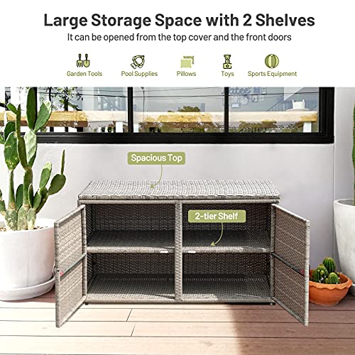 Giantex Rattan Deck Box Outdoor&Indoor 88 Gallon Wicker Storage Box W/Separate Storage Shelf, Openable Door and Tools Storage for Patio,Garden, Balcony, Porch, Yard Rattan Storage Box (Gray)