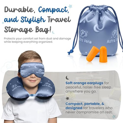 Child Travel Sleep Mask and Pillow Set - 2 in 1 Cute Character Design for Kids Rest, Naps and Relaxation. Soft Comfort with Bag Cover, Perfect for Flights, Car Trips 33cm (Blue)