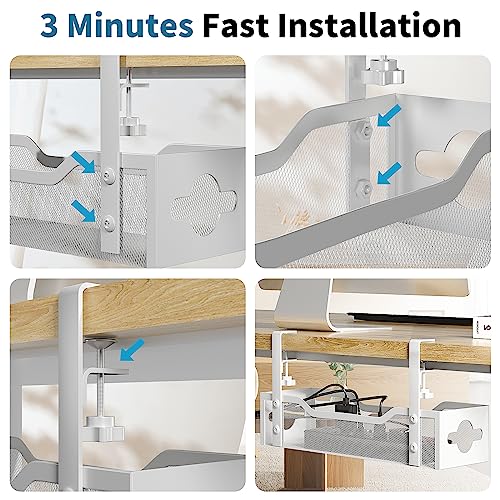 Under Desk Cable Management Tray No Drill, 13.38'' Metal Tray with Clamp for Wire Management, Litwaro Cord Organizer Home Office Damage to Standing Desk, White
