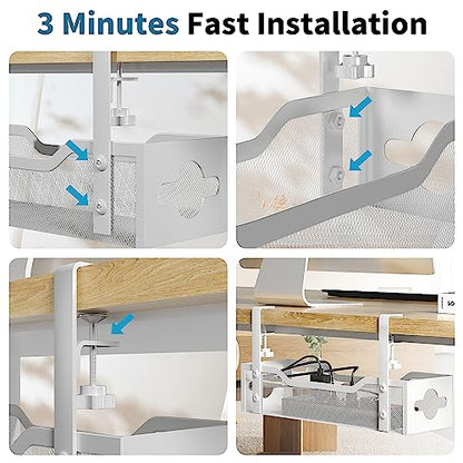 Under Desk Cable Management Tray No Drill, 13.38'' Metal Tray with Clamp for Wire Management, Litwaro Cord Organizer Home Office Damage to Standing Desk, White