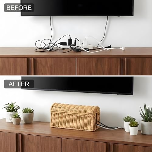 Large Rattan Cable Management Box, Decorative WiFi Router & Modem Hider | Ventilated, Waterproof, Easy Clean, No Assembly, Decorative Cable Organizer
