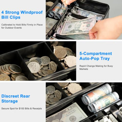 KYODOLED Metal Cash Box with Key Lock, Anti-Theft Cable & Waterproof Pouch | Heavy Duty 0.7mm Steel, Windproof Bill Clips, Hidden Compartment, for Flea Market Vendors & Small Business, 11.8", Black