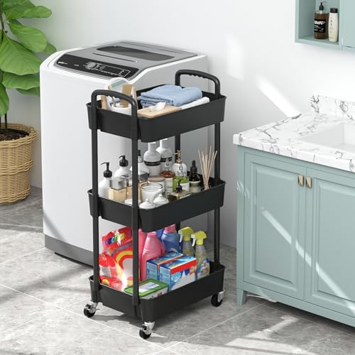 Sywhitta 3-Tier Plastic Rolling Utility Cart with Wheels for Storage,Black | Multi-Functional Storage Trolley, for Office, Living Room, Kitchen, Bathroom,Movable Organizer,Space-Saving,Easy to assemble