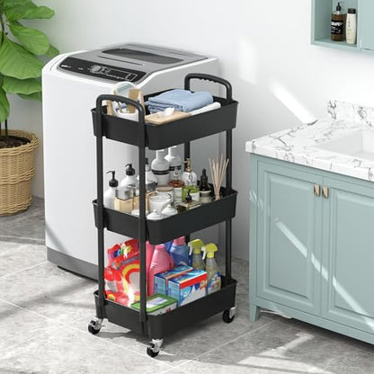 Sywhitta 3-Tier Plastic Rolling Utility Cart with Wheels for Storage,Black | Multi-Functional Storage Trolley, for Office, Living Room, Kitchen, Bathroom,Movable Organizer,Space-Saving,Easy to assemble