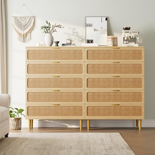 GarveeHome Rattan 5 Drawer Dressers for Bedroom, Deep Drawer, Natural | Tall Dresser, Wide Top, for Living Room, Hallway, Kids Room, Large Chest of Drawers for Closet, Long Wooden Dresser