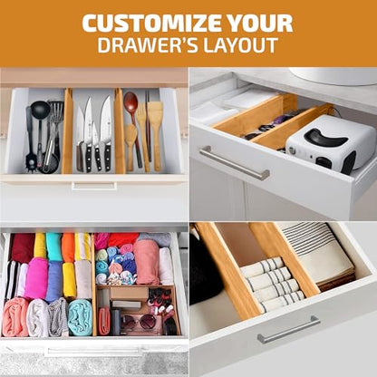 6-Pack Drawer Dividers 6-Inch High Dresser Drawer Organizer 11.5 to 17 Inch | Bamboo, Spring Loaded, No Tools Needed, for Clothes, Utensils, Socks and Deep Drawers in Bedroom, Bathroom, Kitchen, Office