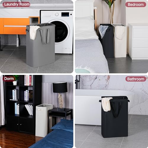 Slim Laundry Basket, Narrow Laundry Hamper with Ha... (Beige | Fabric)