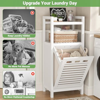 Tilt Out Laundry Hamper, 10 Gal Bamboo Laundry Storage Cabinet with Removable Basket, Hidden Hamper Organizer with Shelf for Dirty Clothes, Bathroom, Laundry Room, Space Saving, White