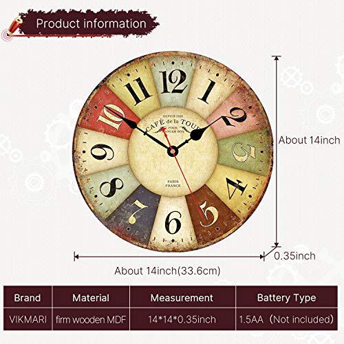 VIKMARI Rustic Wooden Silent Wall Clock Decor 14 in Colorful Arab Numerals | Battery Operated Retro French Country Style Wall Clocks for Kitchen,Living Room,Bathroom,Bedroom