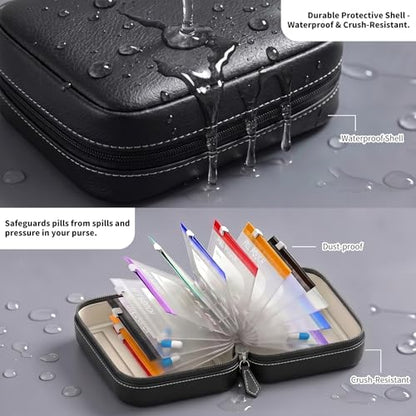 Waterproof Pill Organizer Set, 7-Day AM/PM Weekly Medication Case with 14 Pouches (7 Distinct Colors), Travel Waterproof Pill Pouch, BPA-Free Compact Zippered Storage Binder for Travel, Daily (Black)