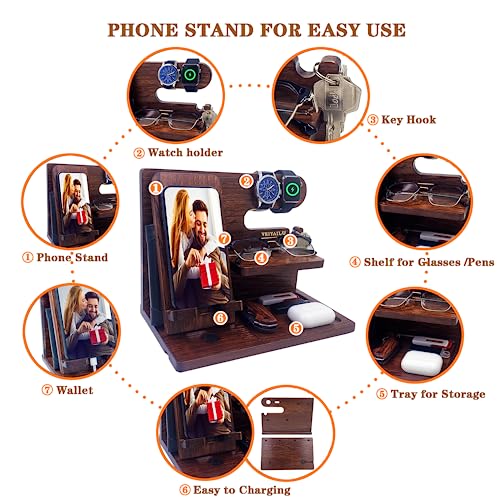 VEIYAILU Gifts for Men Women Brother Boss Boyfriend Him Nightstand Organizer Gifts for Dad from Daughter Son Wood Phone Docking Station (Dark Brown)