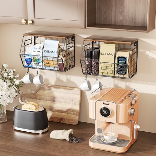 Delamu Stackable Metal Fruit Basket with Wood Lid 2 Pack, Hanging Wall Organizer for Kitchen Counter, Pantry Storage for Onions, Potatoes, Garlic, Fruits, Spices, Black