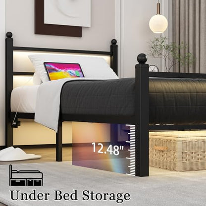 Twin Bed Frames with Charging Station & LED Lights, Metal bed frame twin size with Headboard and Footboard, Heavy Duty Slats Support Platform, No Box Spring Needed, Noise Free, Easy Assembly, Black