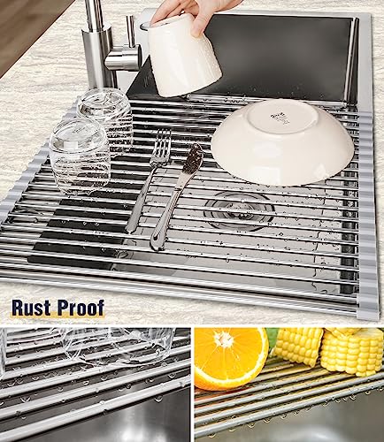 Tomorotec Roll Up Dish Drying Rack Over Sink, 304 Steel, 21x15.5, Grey | Anti-Slip Silicone Rims For Grip, Heat-Resistant Trivet Mat Holding Heavy Cookware, Rustproof Kitchen Counter Space Saver
