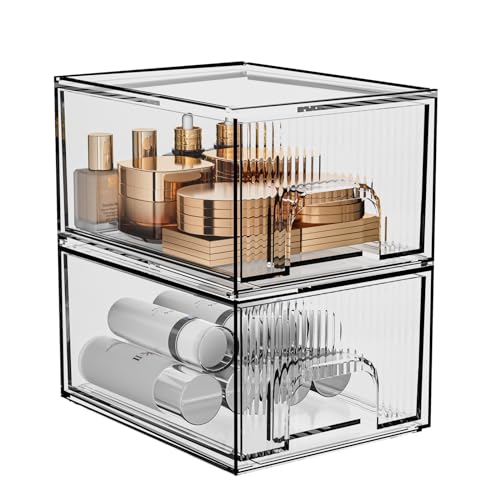 ZHIAI 2 Pack Clear Stackable Cosmetic Organizer, Acrylic Drawer, Plastic Organizer for Dresser, Vanity, Kitchen Cabinet, Pantry, Home Organization and Storage