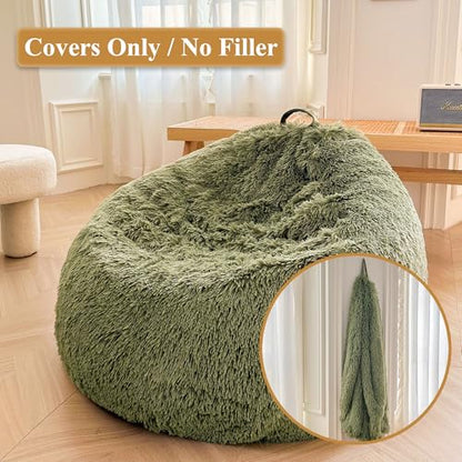 XeGe Comfy Bean Bag Cover(No Filler), Fluffy Stuffed Animal Storage Bean Bag Chair Cover for Bedroom Home Decor, Furry Fuzzy Bean Bag Cover for Adults Teens Kids, 100% Polyester, Anti-slip, Sage Green