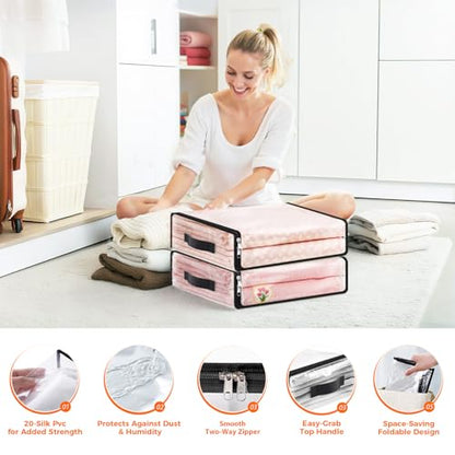 SpaceWhisper Clear Sheet Storage Bags, 8 Pack, 15.7 x 13.8 x 3.9 in | Sheet organizers and storage, zippered closure, thick plastic, reinforced handles, clothes, blankets, under-bed storage