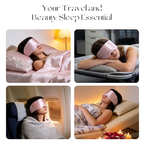 Silk Sleep Mask 22 Momme 100% Mulberry Silk & 3.5cm Silk Hairband Set for Side Sleeper Women Men,Light Blocking Nose Pad, Adjustable Silent Strap,Eye Mask fo Home & Travel Use (Pink)