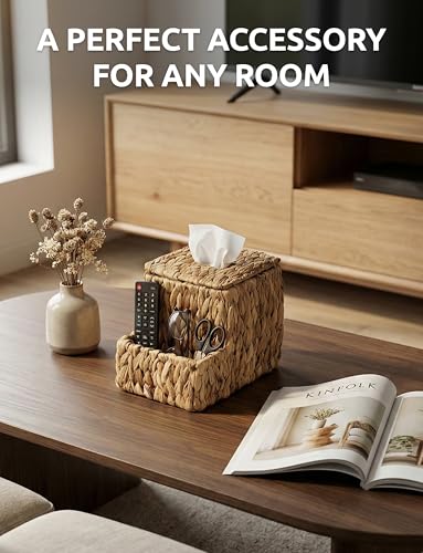 Water Hyacinth Tissue Box Cover with Side Organizer, Wicker Holder | Handwoven Napkin Box Holder with Metal Frame, Boho Farmhouse Tissue Storage for Kitchen, Bedroom & Living Room
