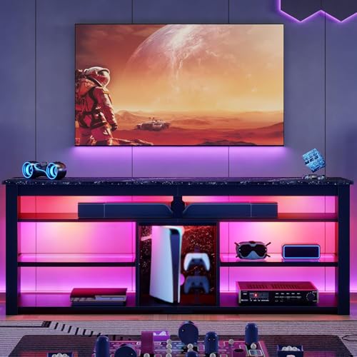 Bestier TV Stand for 70 inch TV, Tall Entertainment Center with 2 Led Lights, Gaming TV Console with Storage for PS5, Modern TV Cabinet for Bedroom, Living Room, Black Marble