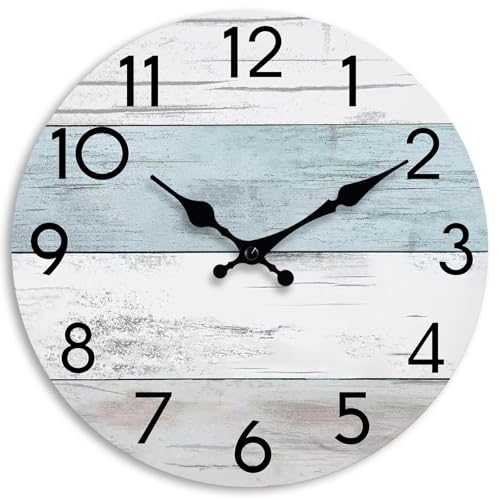 KECYET 12 Inch Wall Clock, Silent Battery Operated Analog Clock, Blue White | Beach Style | Coastal Decorative | Kitchen | Bathroom | Bedroom | Living Room | Pool | House