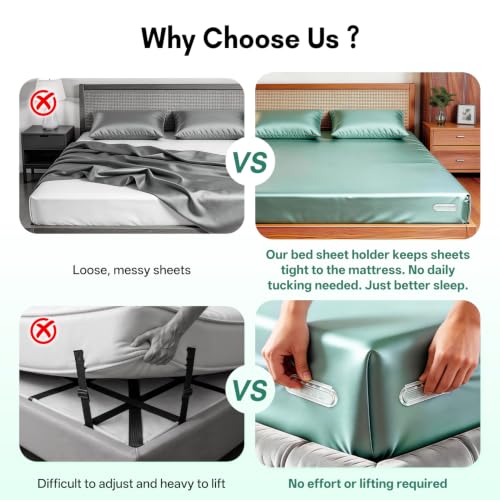 Bed Sheet Holders for Corners-4Pcs Sheet Locks for Fitted Sheets Non-Slip | Durable ABS Snap-Lock Design Keeps Mattress Sheets Firm&Tight, Foldable&Gentle, Easy No-Lift Install for All Mattress Types