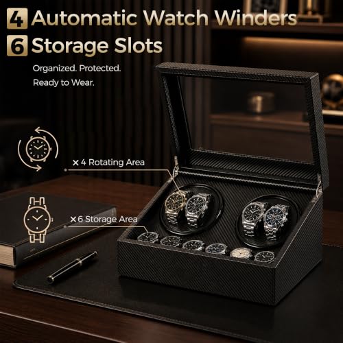 Watch Winder for Automatic Watches, Automatic Watch Winder | 4 Watch Winder with 6 Slots, Carbon Fiber Finish, Ultra-Quiet Japanese Motor, Adjustable Pillows, Present Box Packaging