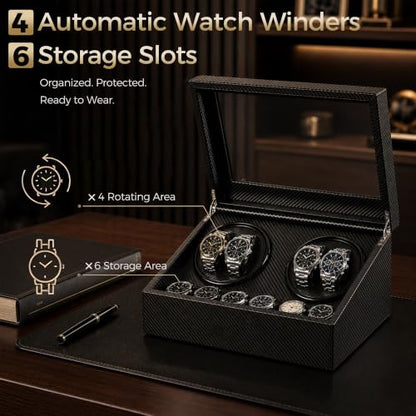 Watch Winder for Automatic Watches, Automatic Watch Winder | 4 Watch Winder with 6 Slots, Carbon Fiber Finish, Ultra-Quiet Japanese Motor, Adjustable Pillows, Present Box Packaging
