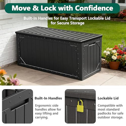 Outdoor Storage Box, 98 Gallon Deck Box, Outdoor Storage Bench, Waterproof Resin Storage Bench with Lockable Lid, Patio Furniture Cushions & Garden Tools Storage, UV Resistant (Black)