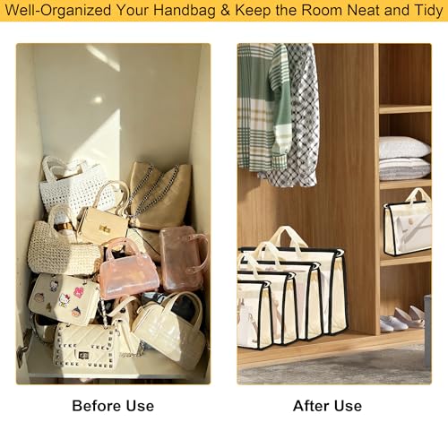 12 Packs Dust Bags for Handbags,4 Sizes Beige Clear Handbag Storage Organizer for Closet, Purse Organizer with Zipper Handle and 12 Pcs Hooks