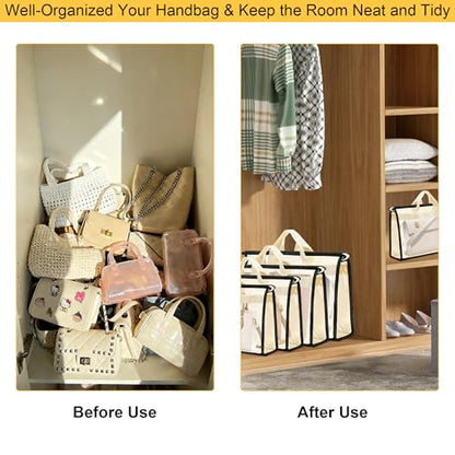 12 Packs Dust Bags for Handbags,4 Sizes Beige Clear Handbag Storage Organizer for Closet, Purse Organizer with Zipper Handle and 12 Pcs Hooks