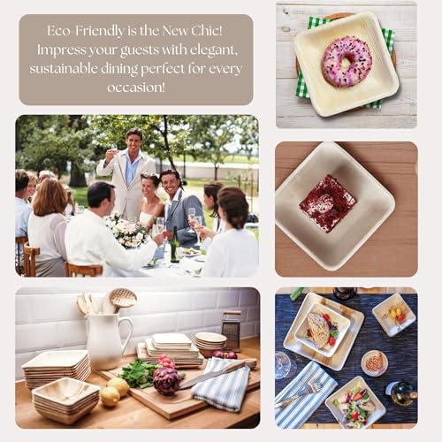 Bamboo Leaf Plates 10 Inch & 7 Inch Square [50-Pack] | Biodegradable and Compostable for Appetizer and Dinner - Disposable Wood Dinnerware Set - Party Pack