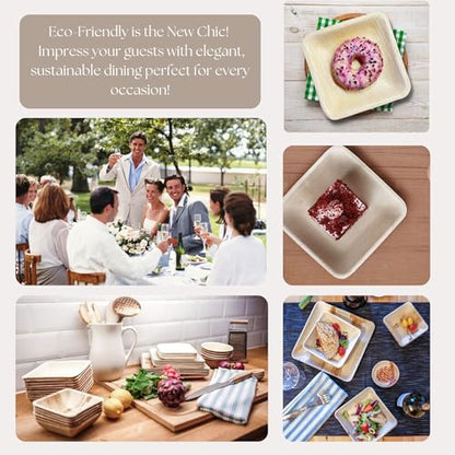 Bamboo Leaf Plates 10 Inch & 7 Inch Square [50-Pack] | Biodegradable and Compostable for Appetizer and Dinner - Disposable Wood Dinnerware Set - Party Pack