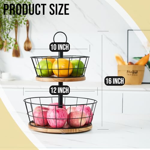 2 Tier Fruit Bowl - Sturdy Iron Wire Fruit Basket with Real Wood Base, 12 Inch Large Fruit Basket for Kitchen Counter, Anti-Slip Silicone Pads, 2 Tier Fruit and Vegetable Storage Solution
