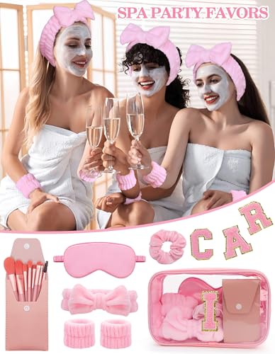 Initial Makeup Bag with Makeup Brush Set Party Favors Gifts for Women Girls | Pink Spa Kit with Skincare Headbands Wrist Bands Sleepover Bachelorette Party Supplies Gifts for Teen Girls Bridesmaid I