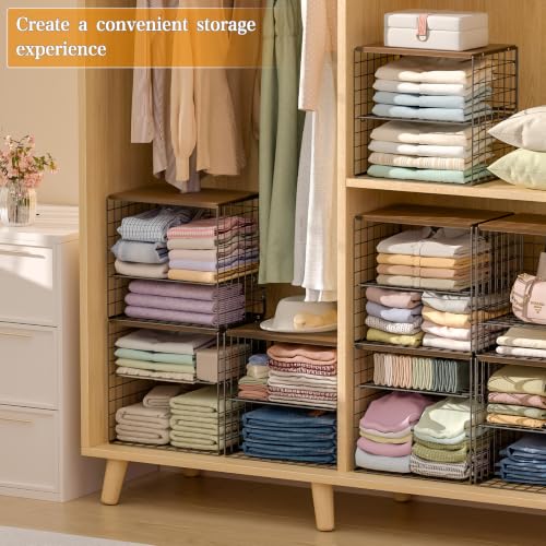 Huxitocan 4-Tier Stackable Closet Organizers and Storage Shelves, Closet Storage Basket with Wood Tops, Adjustable Height Dividers Closet Storage Bins for Home Closet Organizer System, Black