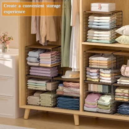Huxitocan 4-Tier Stackable Closet Organizers and Storage Shelves, Closet Storage Basket with Wood Tops, Adjustable Height Dividers Closet Storage Bins for Home Closet Organizer System, Black