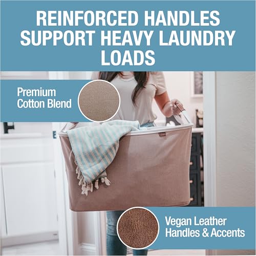 Collapsible Fabric Laundry Basket Premium, Mocha, 2 Pack | Elevate Open-Room Laundry Storage | Cotton-Blend Fabric and Vegan Leather Add Polish, While Each Basket Holds 55 lb