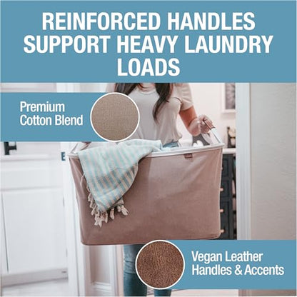 Collapsible Fabric Laundry Basket Premium, Mocha, 2 Pack | Elevate Open-Room Laundry Storage | Cotton-Blend Fabric and Vegan Leather Add Polish, While Each Basket Holds 55 lb