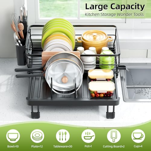 TOOLF Expandable Dish Drying Rack for Kitchen Counter, Black | Extendable 12"-22"W, Fast Draining, Large Capacity, Fits Large Plates, Utensil Holder, 3-4 People Family