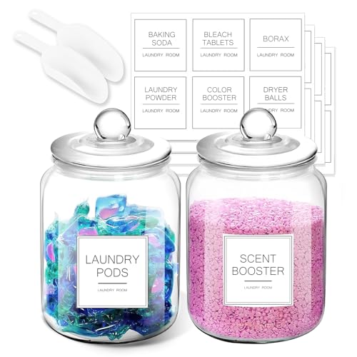 FyndraX Laundry Pods Glass Jars - Half Gallon Airtight Containers with Scoop and Labels for Organization and Storage Laundry Room Detergents Powder, Scent Booster Beads Holder, Set of 2