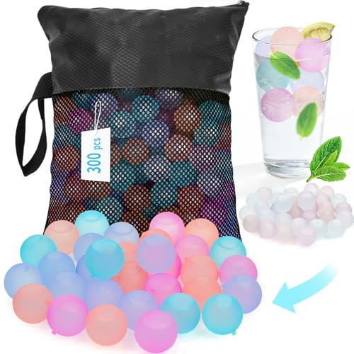 Reusable Ice Cubes for Coolers, Color-Changing, Round, 300 Pack | BPA-Free Plastic Ice Cubes, Fake Ice Look, Won't Dilute Flavor, Refreezable, Storage Bag, Whiskey Coffee Bars, Party Drinks