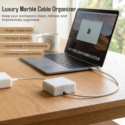Cord Organizer – Polished Marble Cable Tidy, Single | Handmade polished white marble cord holder keeps a charging cable tidy on your desk. Weighted, non-slip. Single slot.