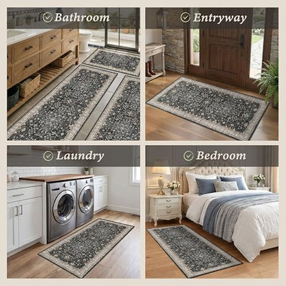 Black Boho Kitchen Rugs Set of 3, Non-Slip Machine Washable Kitchen Floor Mats, Low-Pile Runner Rug for Sink, Entryway, Bathroom, Laundry Room, Bedroom, Vintage Farmhouse Design