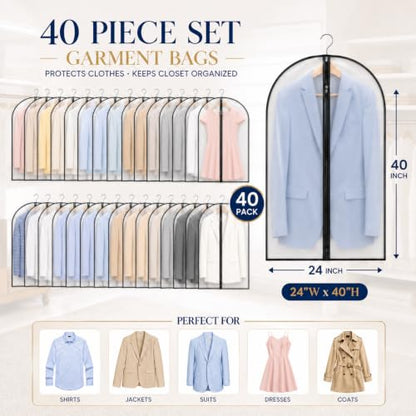 40 Pcs 40" Suit Garment Bags for Closet Storage and Travel | Garment Protection, Dust Resistant Cover, Smooth Zipper Closure, Suit Shirt Coat Storage, Wardrobe Organization Solution